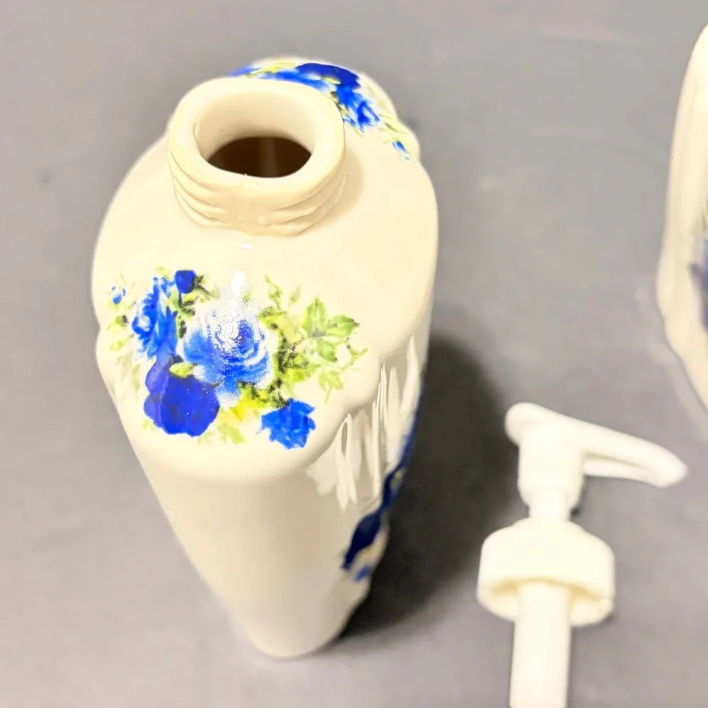 Crown Heritage Blue Rose Ceramic Soap Dispenser & Toothbrush Holder Set England